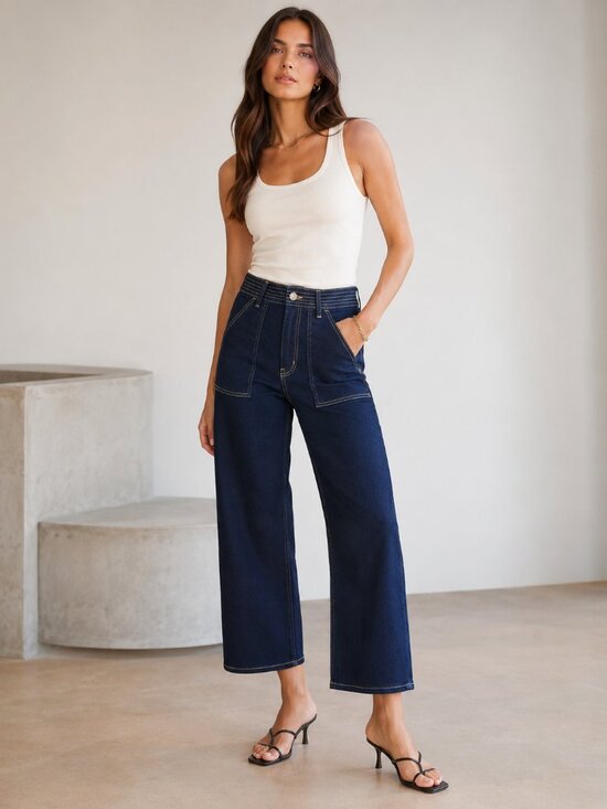 Frame Denim Denim - FRAME High Rise Wide Leg Jeans Size 28 Dark Blue Denim Utility Pocket Chic